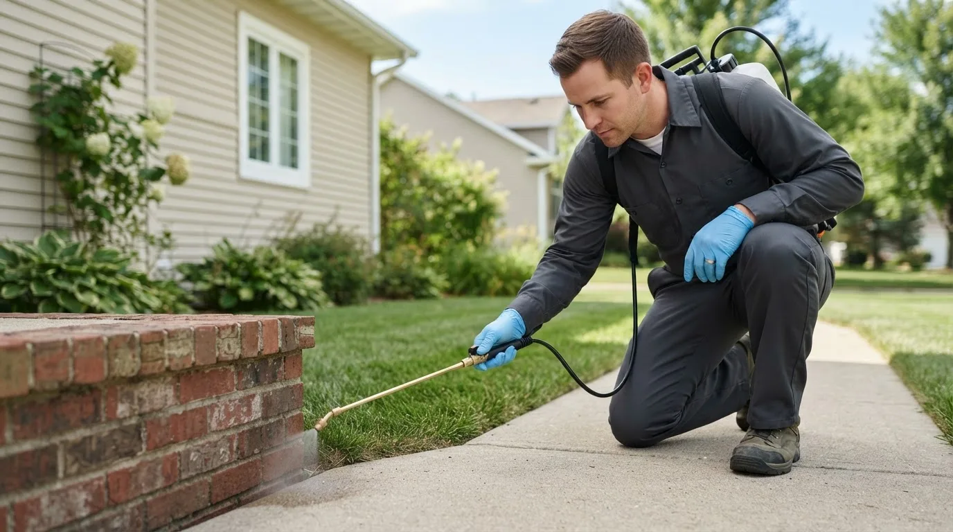 Pest control technician treating a home near Cherryvale, KS